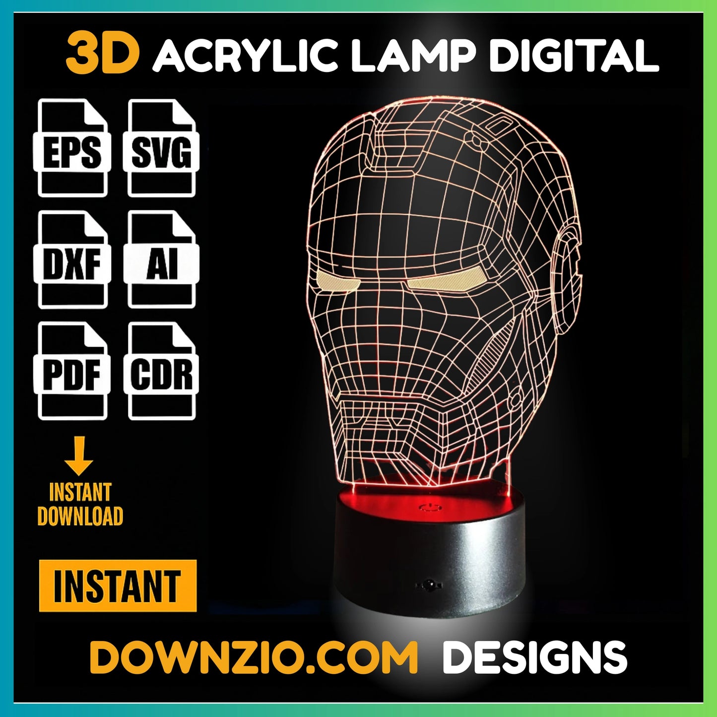 3D Illusion Lamp Digital File | Acrylic LED Lamp Cutting Files (SVG, DXF, AI, PDF, CDR) | iron man mask Design