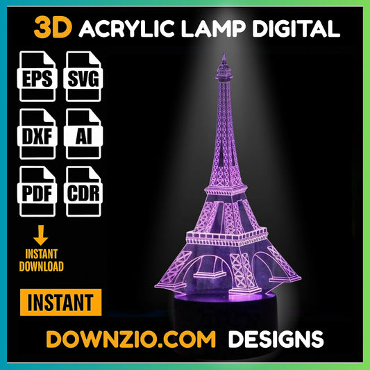 3D Illusion Lamp Digital File | Acrylic LED Lamp Cutting Files (SVG, DXF, AI, PDF, CDR) | Eiffel Tower Design