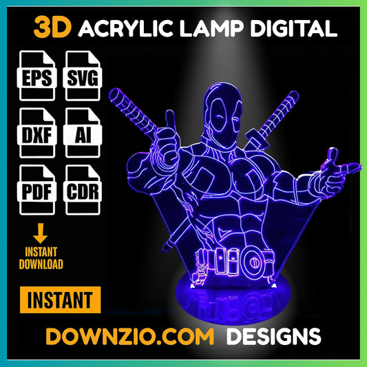 3D Illusion Lamp Digital File | Acrylic LED Lamp Cutting Files (SVG, DXF, AI, PDF, CDR) | Deadpool Design