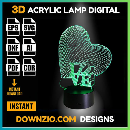 3D Illusion Lamp Digital File | Acrylic LED Lamp Cutting Files (SVG, DXF, AI, PDF, CDR) | Heart Design