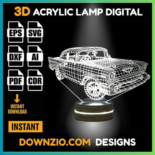 3D Illusion Lamp Digital File | Acrylic LED Lamp Cutting Files (SVG, DXF, AI, PDF, CDR) | Classic Car Design