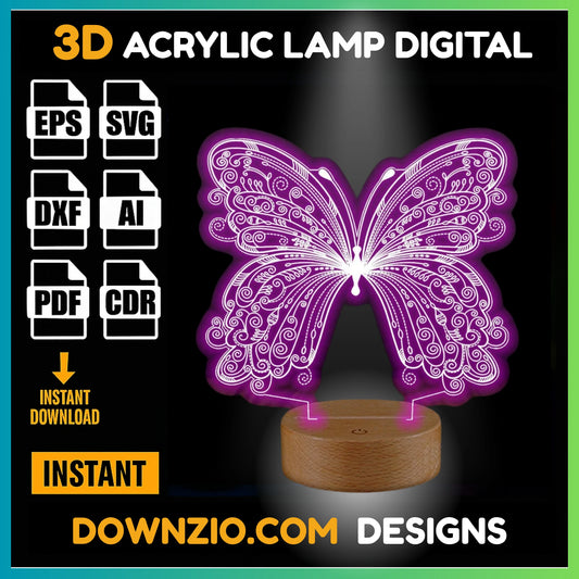 3D Illusion Lamp Digital File | Acrylic LED Lamp Cutting Files (SVG, DXF, AI, PDF, CDR) | Butterfly Design