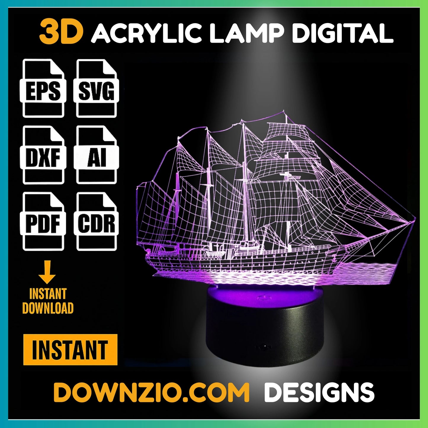 3D Illusion Lamp Digital File | Acrylic LED Lamp Cutting Files (SVG, DXF, AI, PDF, CDR) | Sailing Ship Design