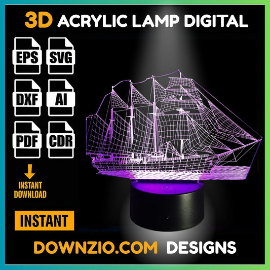 3D Illusion Lamp Digital File | Acrylic LED Lamp Cutting Files (SVG, DXF, AI, PDF, CDR) | Sailing Ship Design