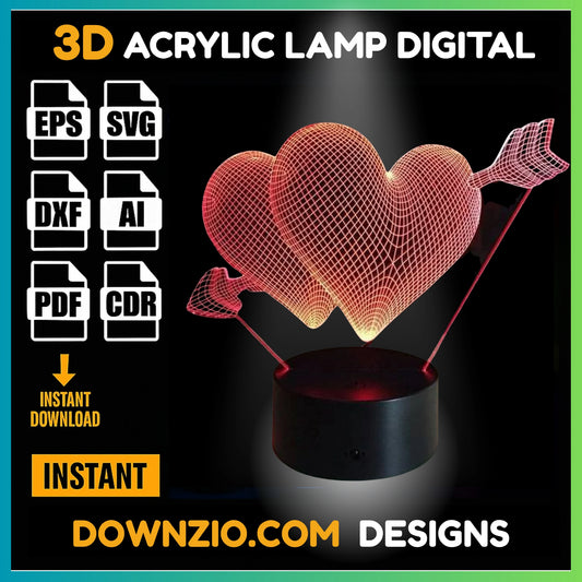 3D Illusion Lamp Digital File | Acrylic LED Lamp Cutting Files (SVG, DXF, AI, PDF, CDR) | Two Hearts With Arrow Design