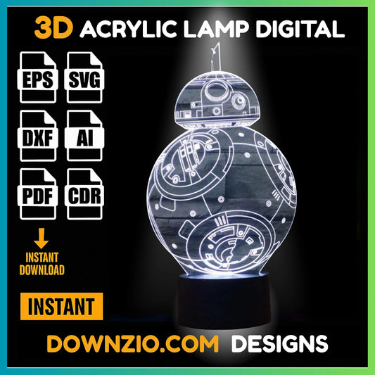 3D Illusion Lamp Digital File | Acrylic LED Lamp Cutting Files (SVG, DXF, AI, PDF, CDR) | Star Wars BB-8 Design