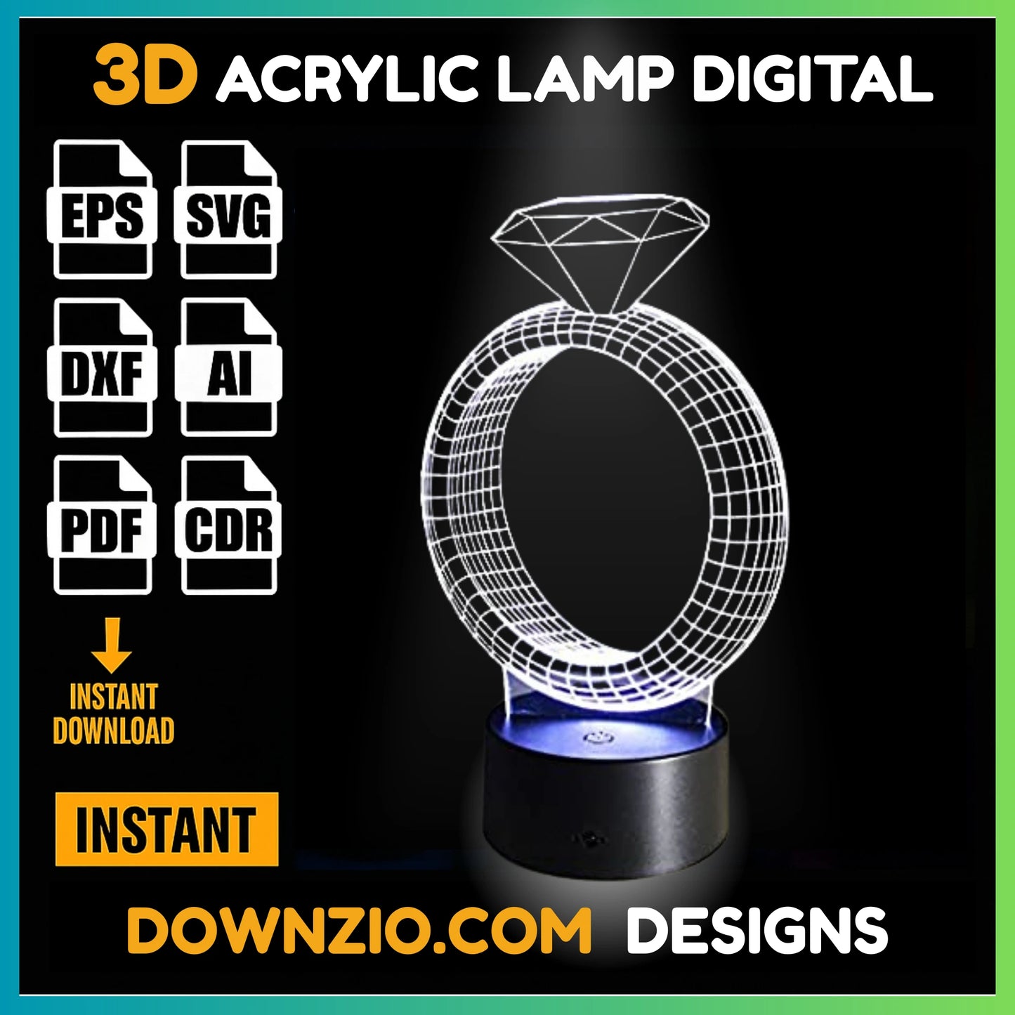 3D Illusion Lamp Digital File | Acrylic LED Lamp Cutting Files (SVG, DXF, AI, PDF, CDR) | Diamond Ring Design