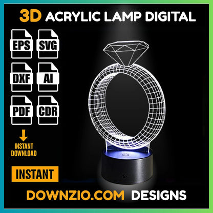 3D Illusion Lamp Digital File | Acrylic LED Lamp Cutting Files (SVG, DXF, AI, PDF, CDR) | Diamond Ring Design