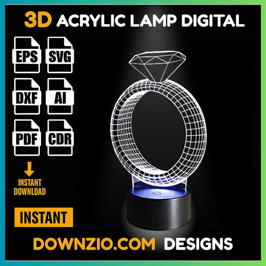 3D Illusion Lamp Digital File | Acrylic LED Lamp Cutting Files (SVG, DXF, AI, PDF, CDR) | Diamond Ring Design