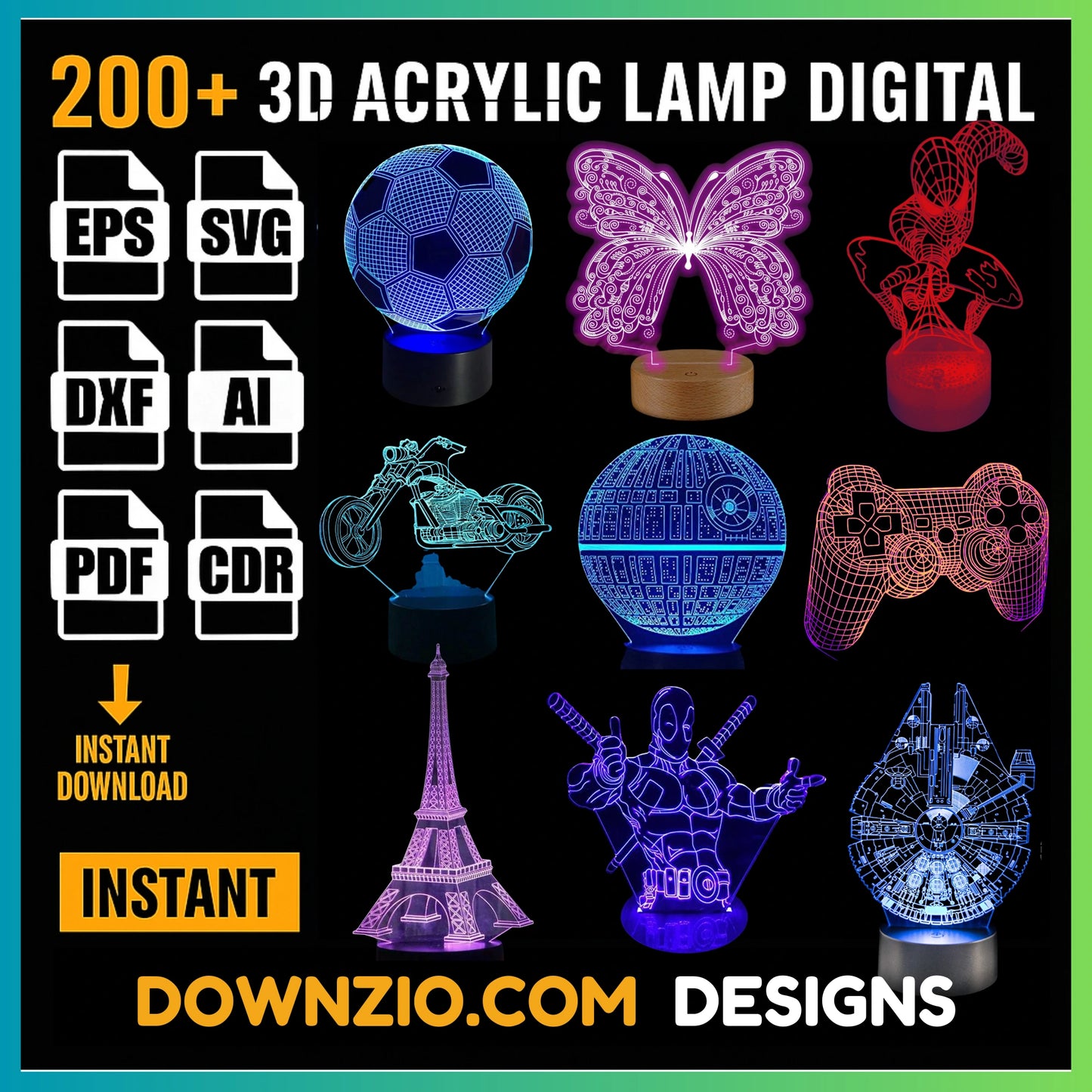 200 3D Illusion Lamp Digital File | Acrylic LED Lamp Cutting Files | Vector file pack for CNC laser cutting engraving | commercial use