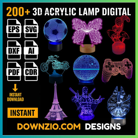 200 3D Illusion Lamp Digital File | Acrylic LED Lamp Cutting Files | Vector file pack for CNC laser cutting engraving | commercial use